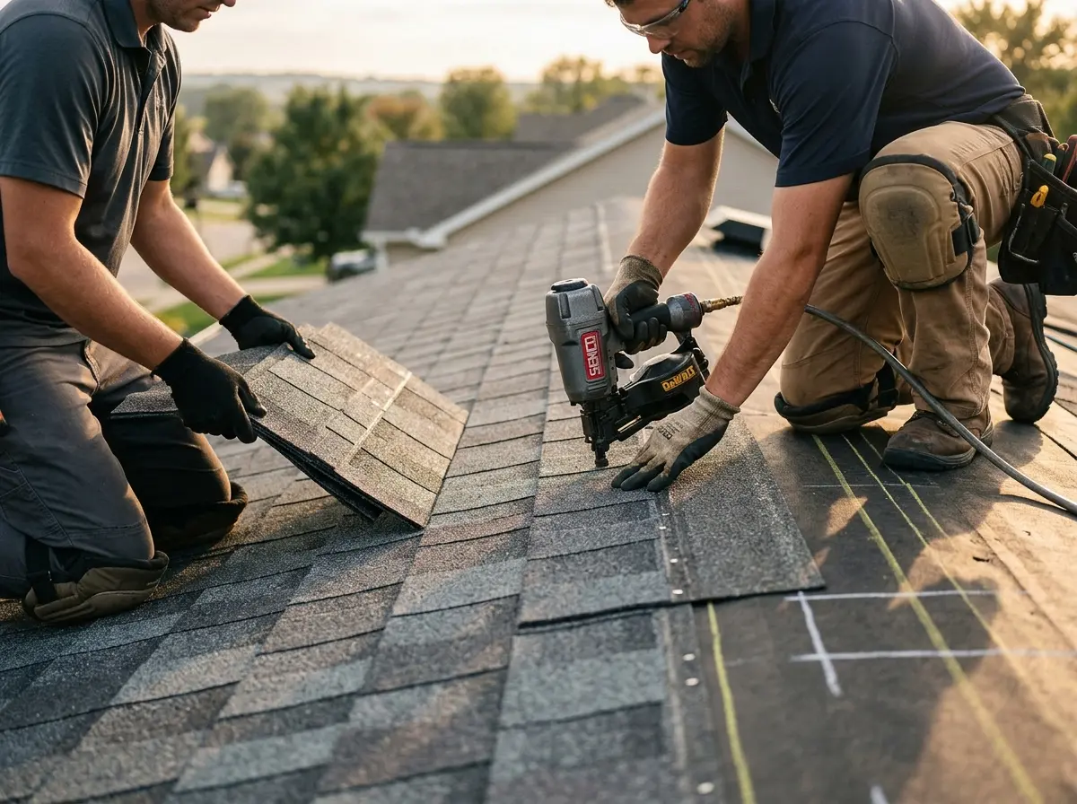 Professional roofer working on a residential roof in The Woodlands